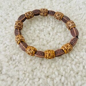 Brown and Gold Beaded Bracelet with Wooden and Metal Accents